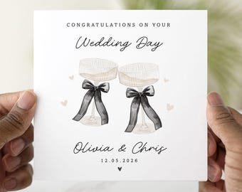 Personalised Wedding Card for Couple – Black Bow Champagne Glass Card – Congratulations Wedding Day – Custom Names & Date