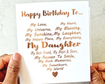 Carte d'anniversaire fille poème - carte d'anniversaire de fille - carte d'anniversaire pour fille - carte d'anniversaire pour elle - carte de feuille d'or Rose