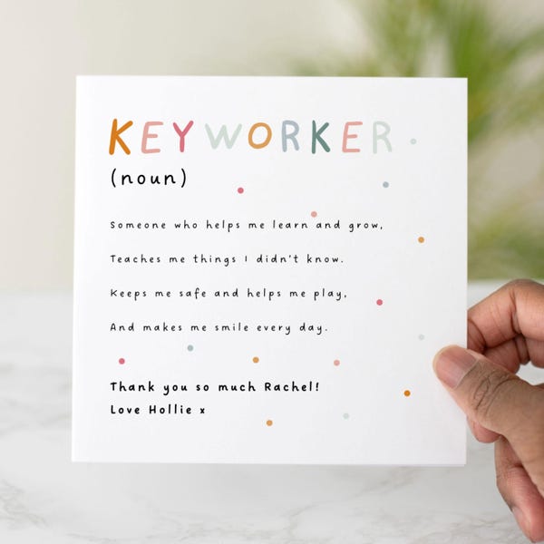 Personalised Key Worker Thank You Card, Key Worker Definition Card, Preschool Thank You, Nursery Leaver Card, Childcare Thank You Card