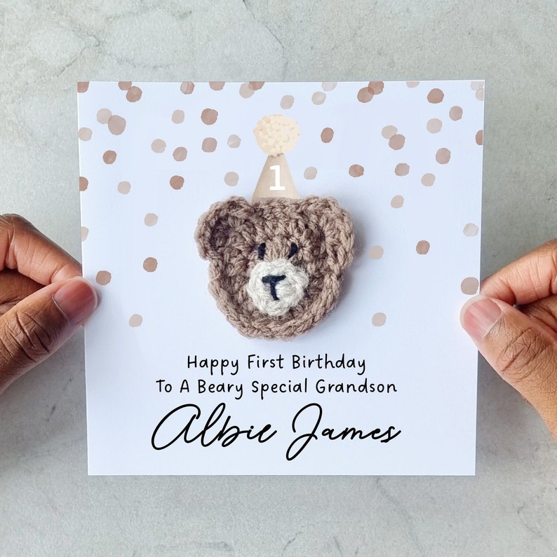 Personalised Crotchet Grandson 1st Birthday Card Handmade Crochet Bear First Birthday Card For Grandson Custom First Birthday Gift image 1