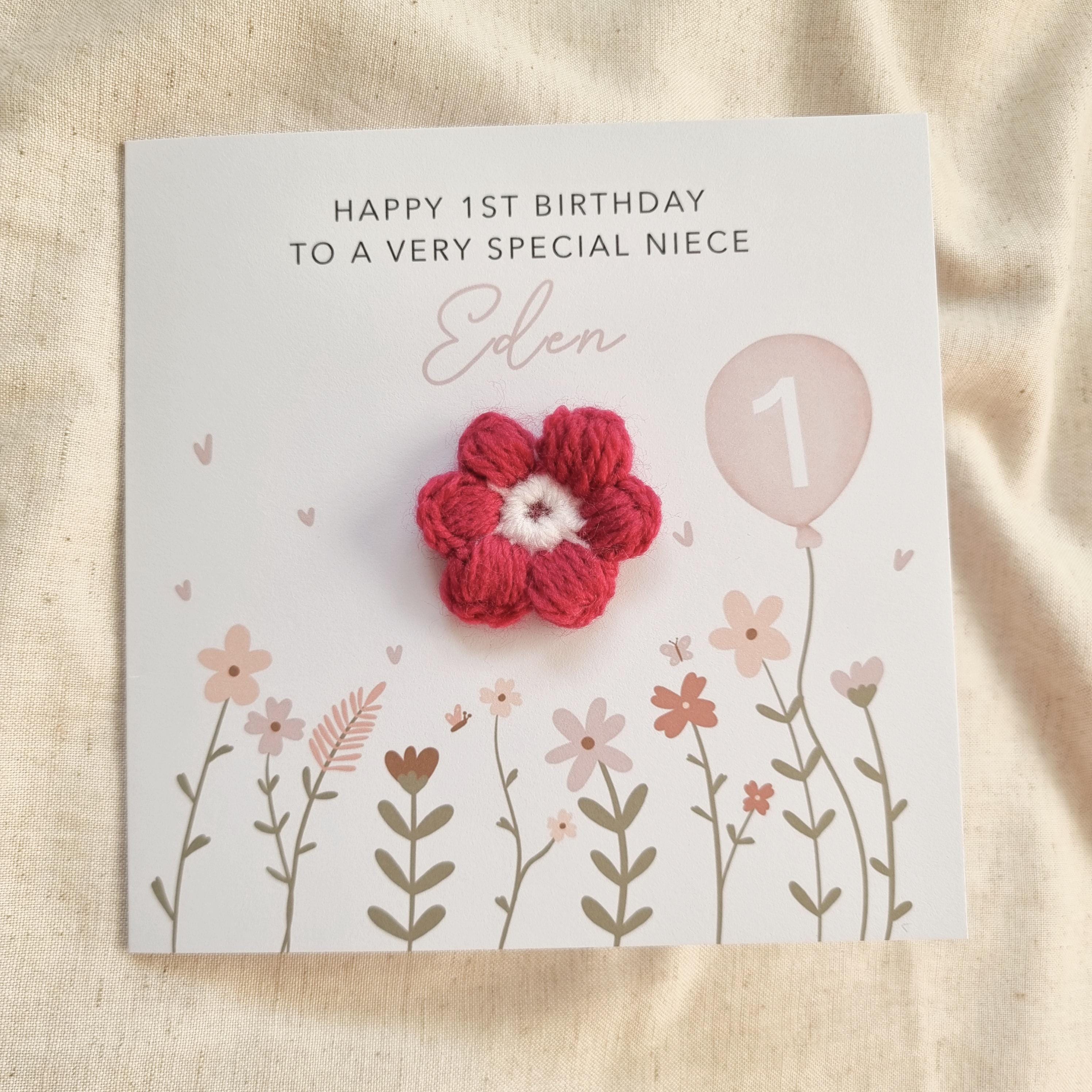 upper hights THE NIECE２３グレーred card Personalised Niece 1st Birthday Card - Handmade Crochet Puff