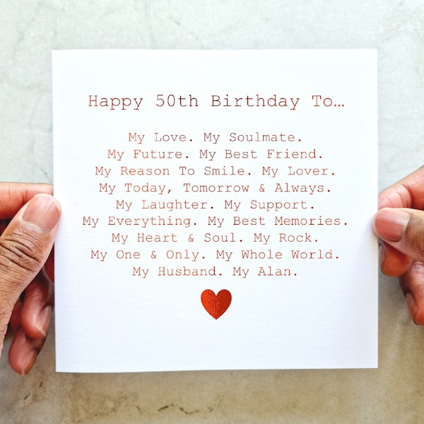 Personalised Romantic Husband 50th Birthday Card - Romantic Birthday Poem Card For Husband - 50th Birthday Card For Husband - Red Foil Card