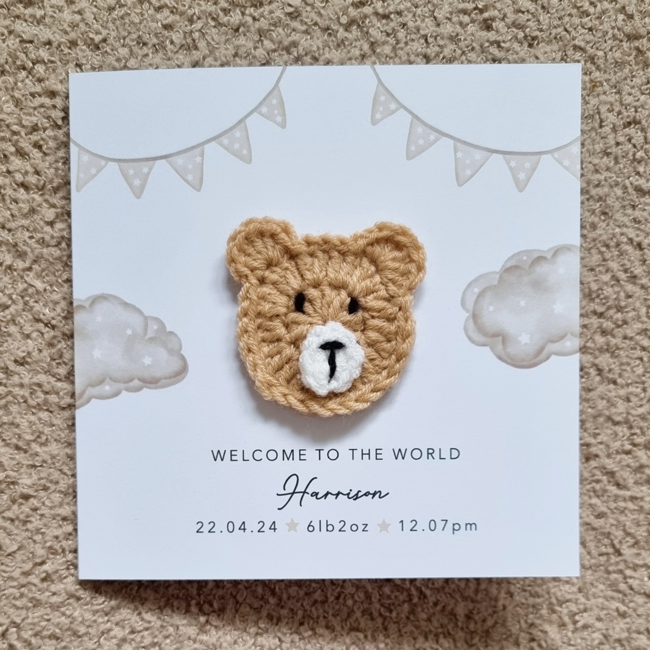 Personalised Crochet New Baby Card - Handmade Crochet Bear - New Baby ...