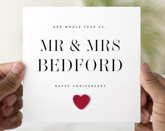 Personalised 1st Anniversary Card, Mr & Mrs Card, First Wedding Anniversary Card with Handmade Crochet Heart, Custom Surname Card