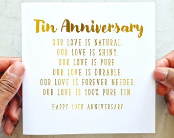 10th Wedding Anniversary Card - Tin Anniversary Wedding Card - 10 Years Wedding Anniversary Card For Husband Or Wife - Gold Foil