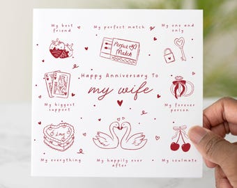 Anniversary Card for Wife,  Wife Anniversary Card, Happy Anniversary My Soulmate, Cute Red Doodle Card
