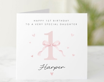 Personalised 1st Birthday Card for Girl, Pink Bow First Birthday Card, Custom Baby Girl Birthday Card with Name, 1st Birthday Keepsake Card