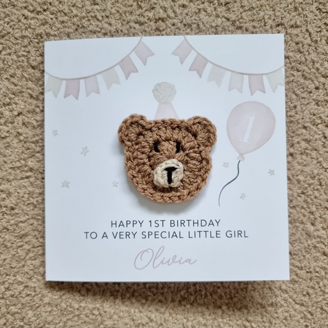 Personalised Crochet 1st Birthday Card - Handmade Crochet Bear - First ...