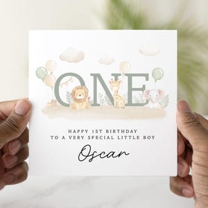 Personalised 1st Birthday Card for Boy - Jungle Safari Animal Theme - Custom Name Baby Card - Cute Zoo Animals - First Birthday Gift