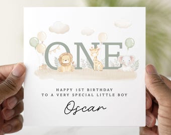 Personalised 1st Birthday Card for Boy - Jungle Safari Animal Theme - Custom Name Baby Card - Cute Zoo Animals - First Birthday Gift