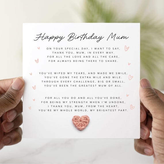 Cute Poem Mum Birthday Card - Handmade Crochet Heart - Birthday Card For Mum - Special Mum Crochet Card - Birthday Gift For mum