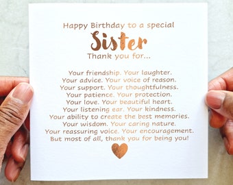 Poem Sister Birthday Card - Birthday Card Sister - Birthday Card For Sister - Special Sister Birthday Card - Rose Gold Foil Card