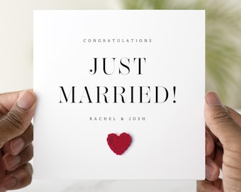 Personalised Just Married Card, Wedding Congratulations Card for Couple, Custom Names, Handmade Crochet Heart, Newlywed Keepsake