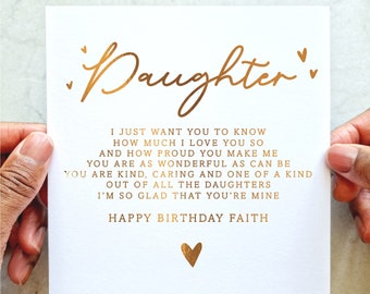 Carte d'anniversaire personnalisée pour fille - carte d'anniversaire pour fille - carte d'anniversaire pour elle - carte de poème - carte de feuille d'or rose