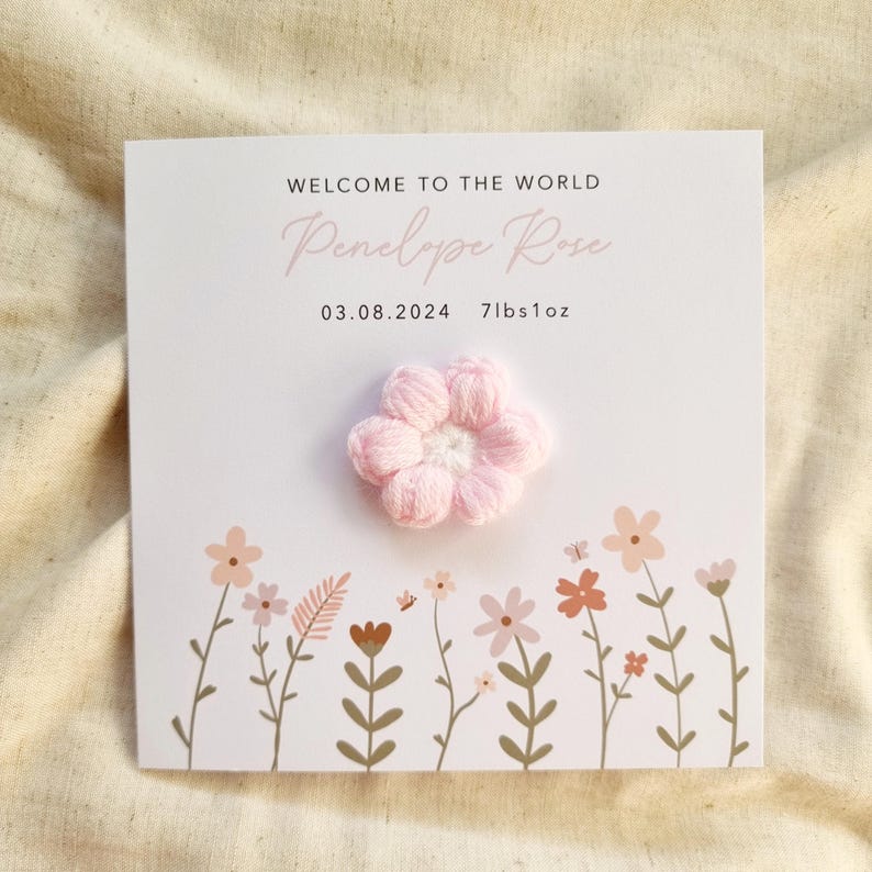 Personalised Crochet New Baby Card - Handmade Crochet Puff Flower - New ...
