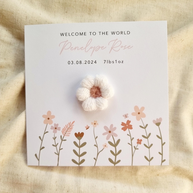 Personalised Crochet New Baby Card - Handmade Crochet Puff Flower - New ...