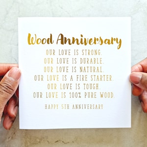 5th Wedding Anniversary Card - Wood Anniversary Wedding Card - Fifth Year Wedding Anniversary Card For Husband Or Wife - Gold Foil