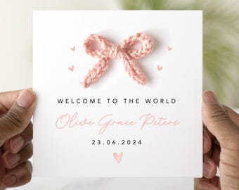 Personalised Crochet New Baby Card - Handmade Crochet Bow Flower - New Baby Girl Card - Bow Card For New Baby - Baby Granddaughter