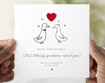 Personalised Duck Anniversary Card, Still Quackers About You Card, Cute Couple Card with Handmade Crochet Heart, Custom Names & Date