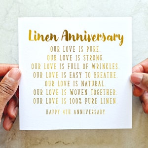 4th Wedding Anniversary Card - Linen Anniversary Wedding Card - Fourth Year Wedding Anniversary Card For Husband Or Wife - Gold Foil
