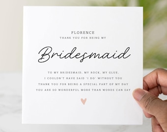Personalised Bridesmaid Thank You Card, Thank You Card For Bridesmaid, Thank you For being My Bridesmaid, Wedding Cards