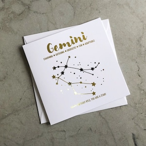 Personalised Gold Foil Gemini Birthday Card - Star Sign Birthday Card - Gemini Birthday Card - Star Constellations Card - Card For Her
