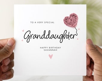 Personalised Granddaughter Birthday Card - Handmade Crochet Heart - Birthday Card For Granddaughter - Special Granddaughter Crochet Card