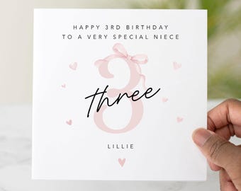 Personalised 3rd Birthday Card for Girl, Pink Bow Third Birthday Card, Custom Baby Girl Birthday Card with Name, Three Birthday Card
