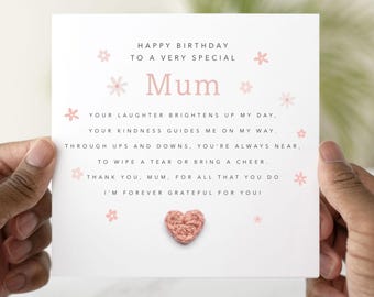 Meaningful Mum Birthday Card - Handmade Crochet Heart - Birthday Card For Mum - Special Mum Crochet Card - Birthday Gift For mum