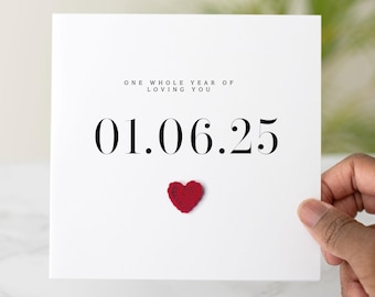 Personalised 1st Anniversary Card, Custom Date Card, One Year Together, Handmade Crochet Heart, Romantic Card for Partner
