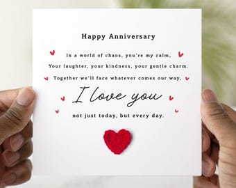 I Love You Anniversary Card - Handmade Crochet Heart - Anniversary Card For Husband, Wife, Boyfriend, Partner, Him Or Her