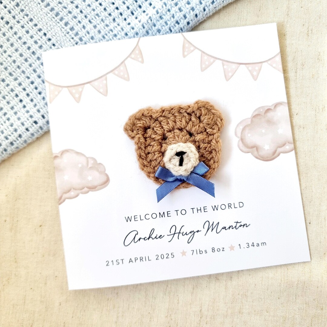 Personalised Crochet New Baby Card - Handmade Crochet Bear - New Baby ...