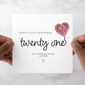 Personalised 21st Birthday Card - Handmade Crochet Heart - 21st Birthday Card For Friend, Cousin, Colleague - Special Crochet 21st Card