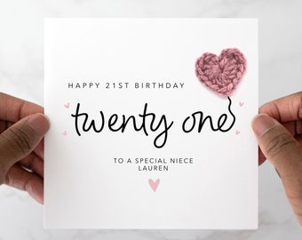 Personalised 21st Niece Birthday Card - Handmade Crochet Heart - 21st Birthday Card For Niece - Crochet Card - Special 21st Niece Card