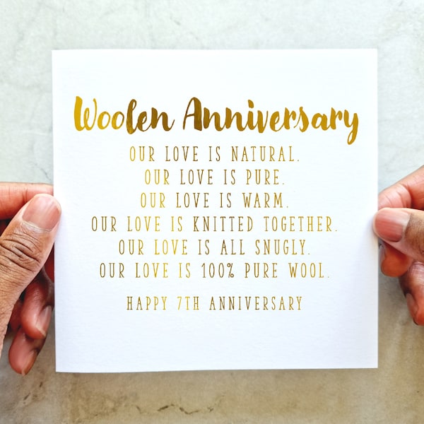 7th Wedding Anniversary Card - Woolen Anniversary Wedding Card - 7 Years Anniversary Card For Husband Or Wife - Gold Foil