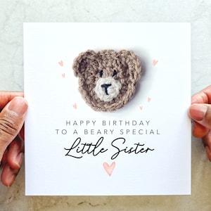 Crochet Little Sister Birthday Card - Handmade Crochet Bear - Birthday Card For Little Sister - Sister Birthday Card - Gift For Sister
