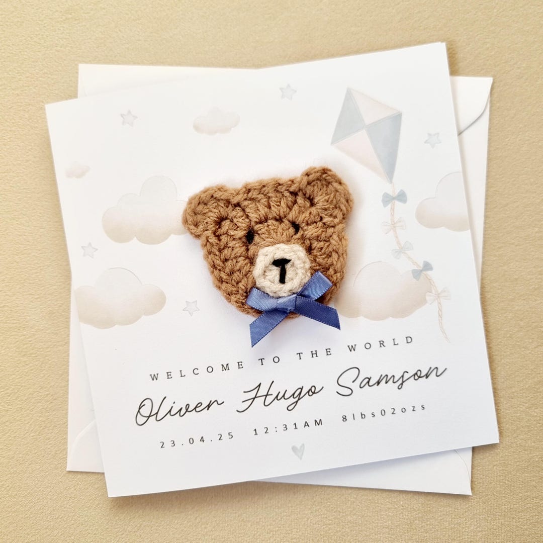 Personalised Crochet New Baby Card - Handmade Crochet Bear - New Baby ...