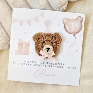 Personalised Crochet 1st Birthday Card - Crochet Bear Card - Handmade 1st Birthday Card for Girl - First Birthday Gift - Custom Name Card