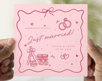 Personalised Just Married Card, Wedding Congratulations Card, Newlywed Card, Custom Wedding Card, Pink Wedding Card, Mr and Mrs Card