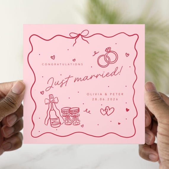 Personalised Just Married Card, Wedding Congratulations Card, Newlywed Card, Custom Wedding Card, Pink Wedding Card, Mr and Mrs Card