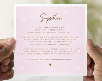 Carte d'anniversaire fille poème personnalisée, carte d'anniversaire pour fille, carte d'anniversaire pour elle, carte feuille d'or rose