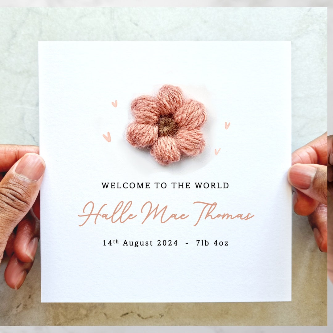 Personalised Crochet New Baby Card - Handmade Crochet Flower - New Baby ...