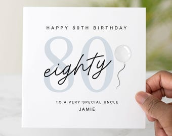 May include: A white card with the text "Happy 80th Birthday" and the number "80" in blue with the word "eighty" written in black cursive. A white balloon is to the right of the number. The text "To a very special Uncle Jamie" is at the bottom of the card.