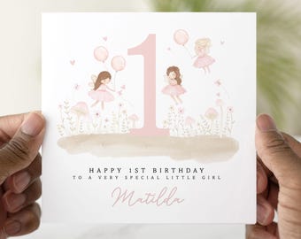 Personalised 1st Birthday Card Girl, Baby Girl First Birthday Card, Fairies 1st Birthday Card For Daughter, Granddaughter, Niece