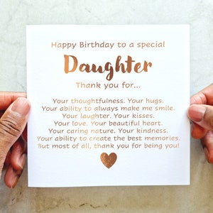 Thank you For Daughter Birthday Card - Birthday Card For Daughter - Birthday Card For Her - Poem Card - Rose Gold Foil Card