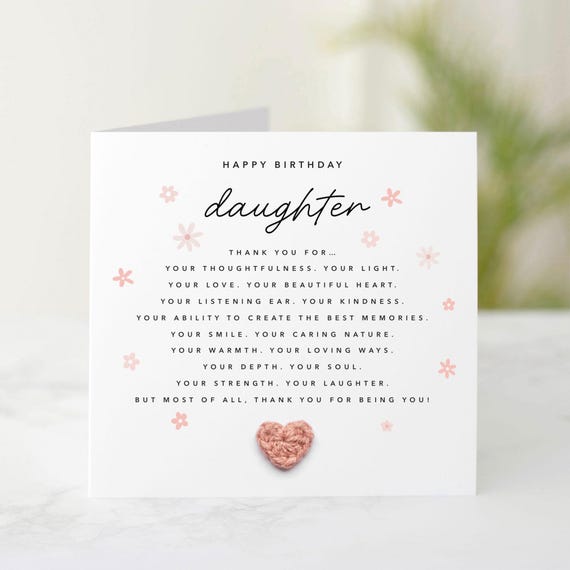 Thank You For Daughter Birthday Card - Handmade Crochet Heart - Birthday Card For Daughter - Special Daughter Crochet Card
