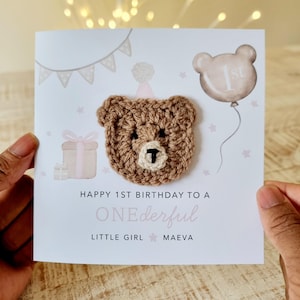 Personalised Crochet 1st Birthday Card - Handmade Crochet Bear - First Birthday Card - Card For Niece, Little Girl, Daughter, Granddaughter