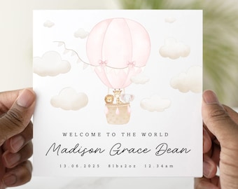 Personalised New Baby Card - Hot Air Balloon Design - Custom Name & Date - Baby Girl Card - Newborn Congratulations Card