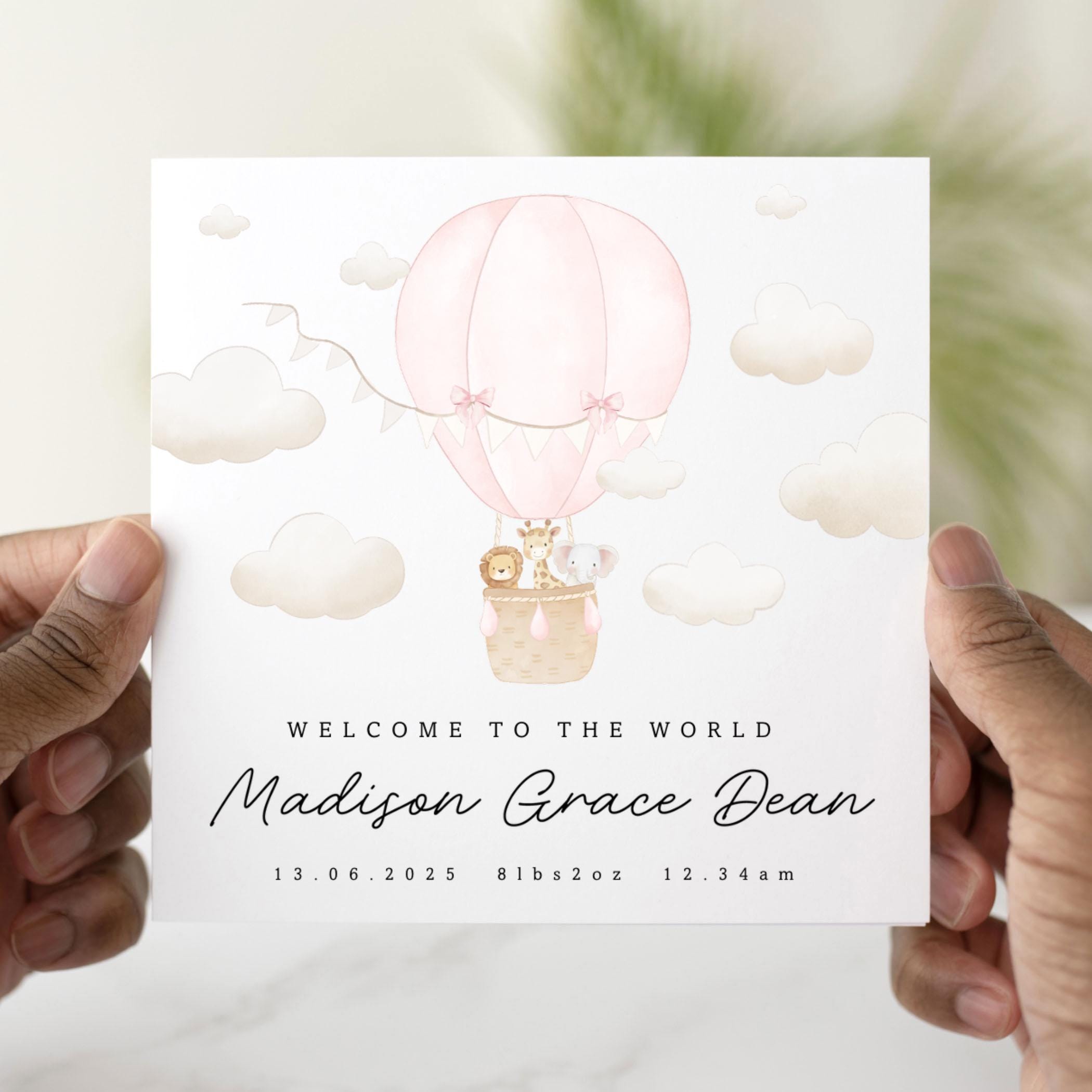 Personalised New Baby Card - Hot Air Balloon Design - Custom Name ...