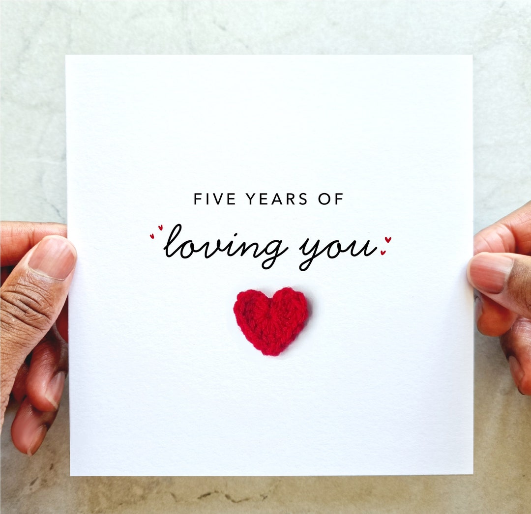 Heart 5th Year Anniversary Card - Handmade Crochet Heart - 5th